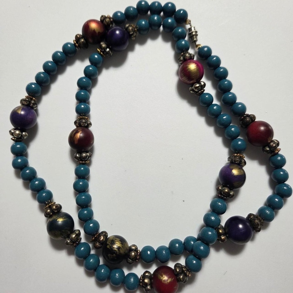 Long Painted Wood Bead Necklace 31" Teal Purple Burgundy Boho Statement